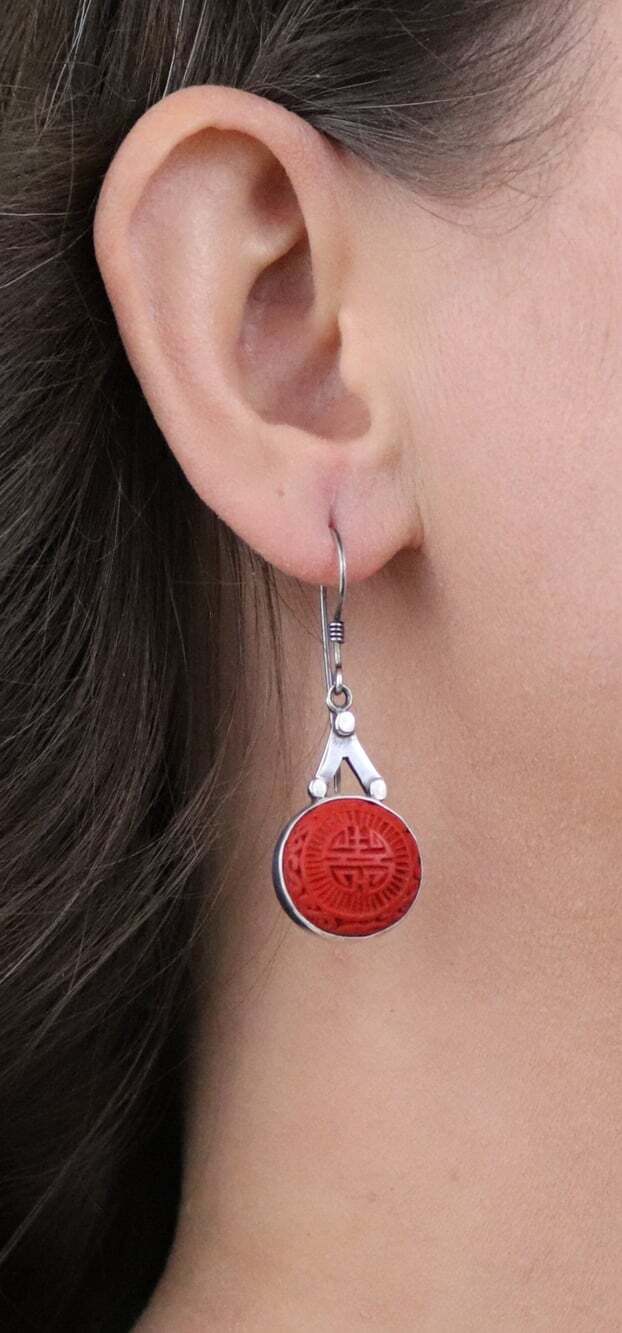 Sterling Silver Sajen Cinnabar Chinese Long Life Earrings Dangle 2 " x 5/8" in - Picture 3 of 8